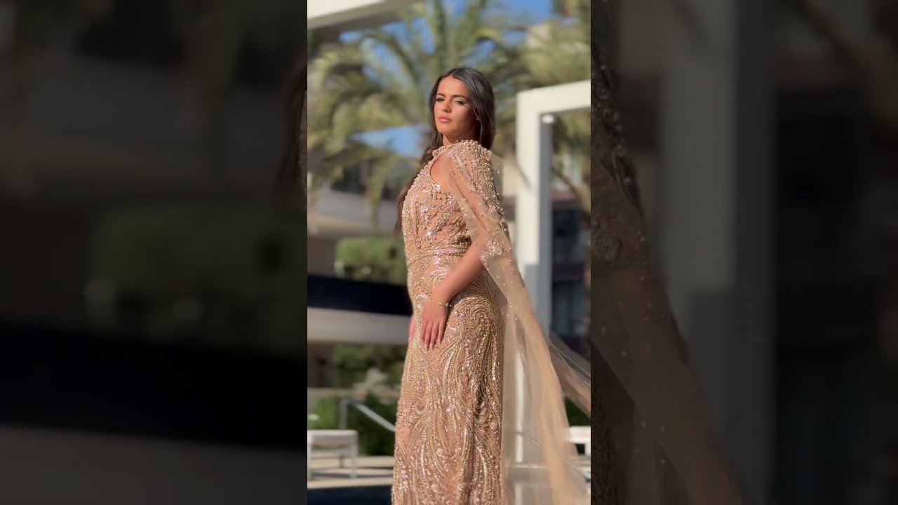 Ekskluzivna duga haljina sa biserima i til plaštom – Model Imperial Gold | Top Style