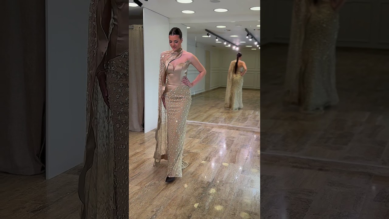 Duga svečana satenska haljina Imperial Gold sa raskošnim plaštom | Top Style
