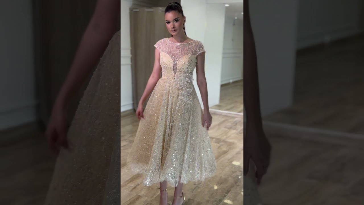 Svečana haljina A kroja boje šampanjca sa ručnim radom i šljokicama | Top Style