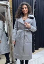 Duga siva jakna sa prirodnim krznom