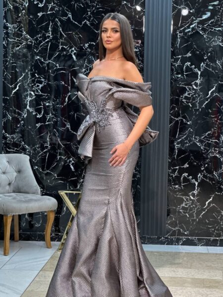Svečana Sirena Haljina "Silver Stella" – Siva Metalik sa Mašnom i Kristalima
