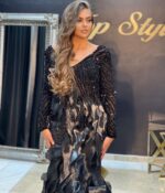 Duga haljina sirena model sa crnim kristalima na gornjem delu