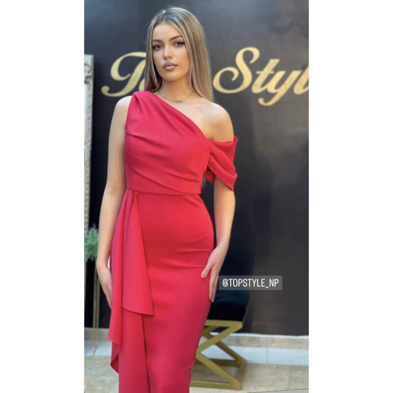 Midi pink haljina na jedno rame