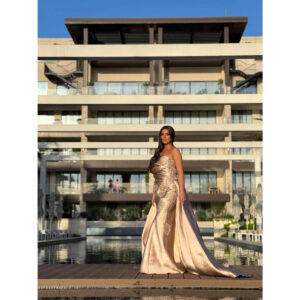 Golden Elegance - Duga svečana bež haljina sa ručnim radom