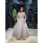 Svečana siva balska haljina sa 3D cvecem i bogatom suknjom