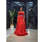 Crvena glamurozna večernja haljina sa volanima