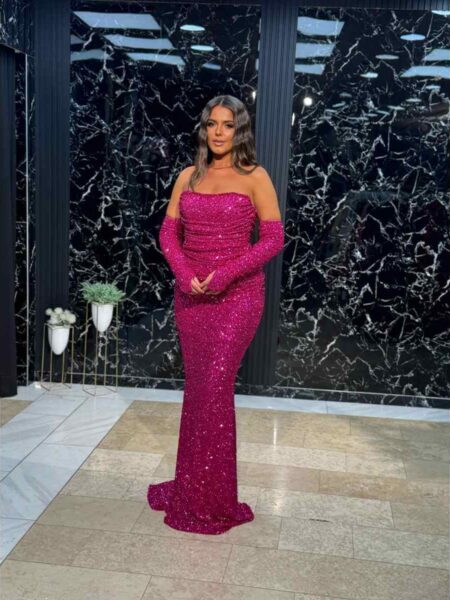 Magenta glam haljina sa rukavicama