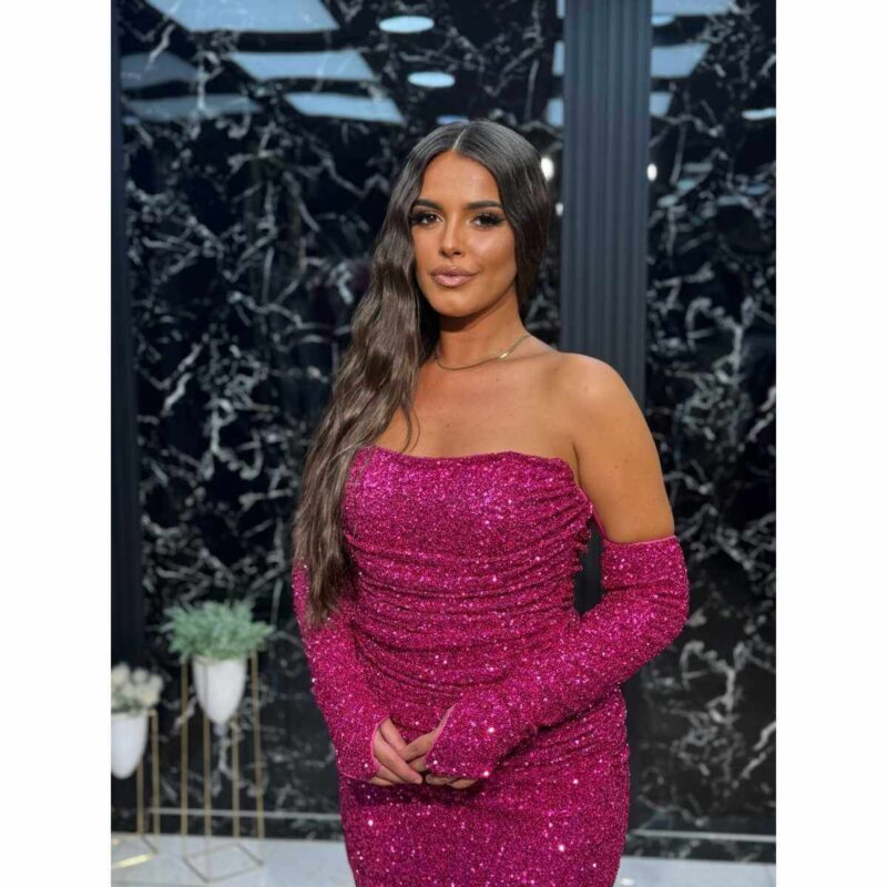 Magenta glam haljina sa rukavicama - Slika 2