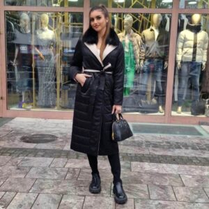 Duga zimska elegantna jakna sa kragnom od krzna lisice