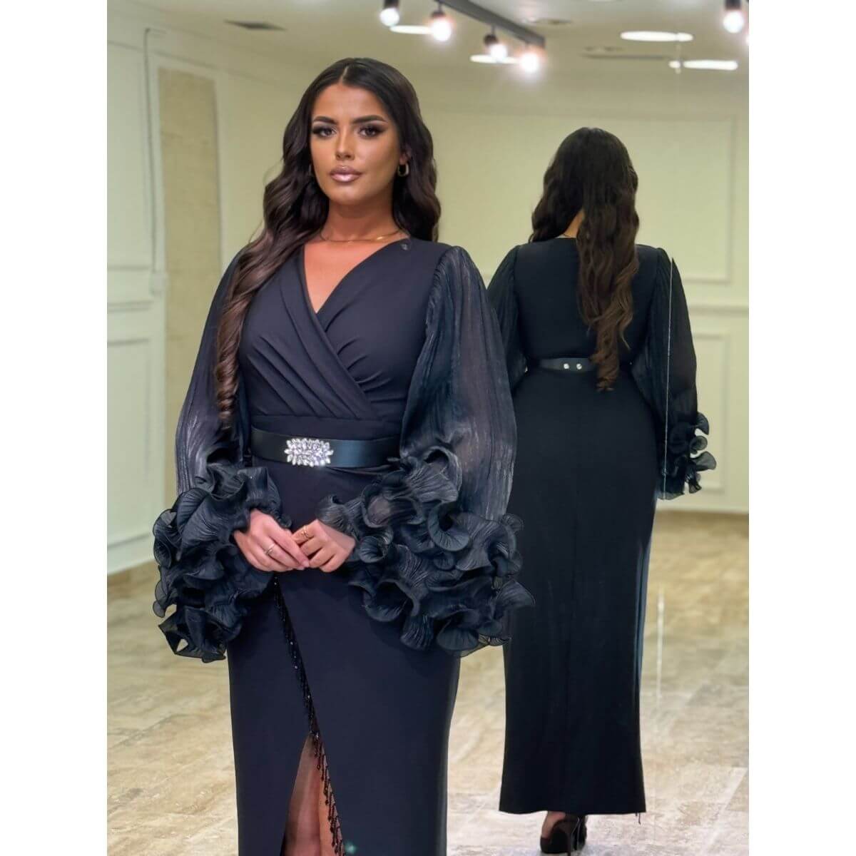 Elegantna midi haljina sa riš rukavima