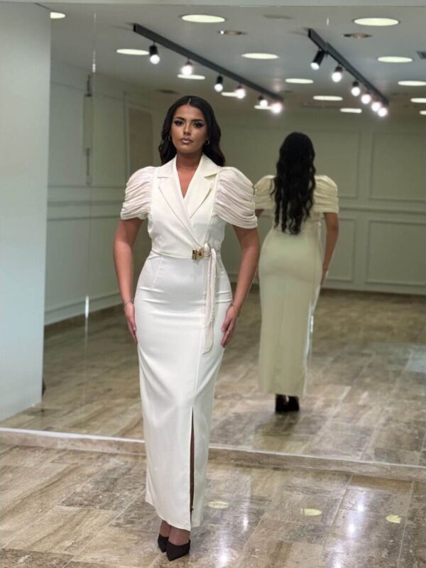 Elegantna midi haljina sa puf rukavima i prorezom