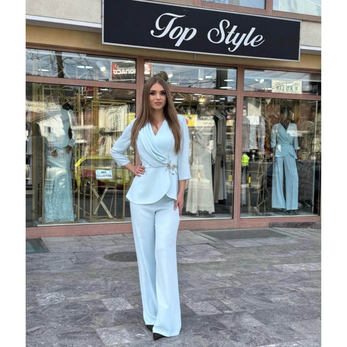 Elegantni komplet sa V-izrezom – pastel roze & plava