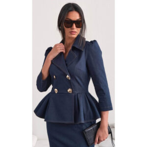 Elegantna teksas haljina sa peplum krojem i zlatnim dugmadima