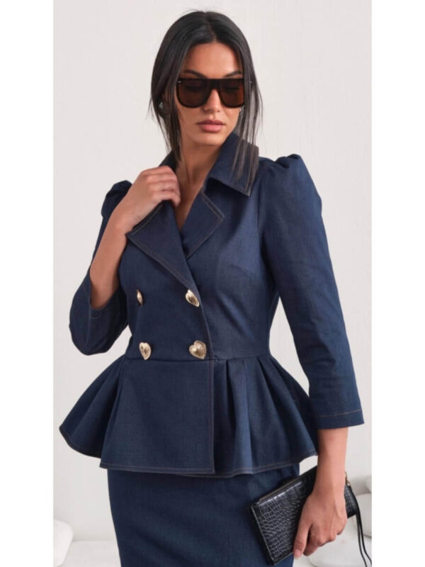 Elegantna teksas haljina sa peplum krojem i zlatnim dugmadima