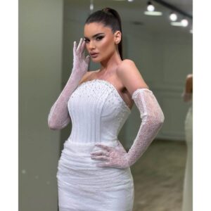 Top Korset Haljina sa Cirkonima i Čipkanim Rukavicama