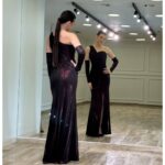 Duga svečana haljina Midnight Shimmer – Model na jedno rame sa rukavima