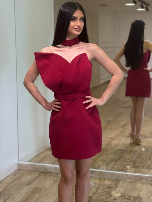 Bordo mini haljina asimetričnog dizajna sa naglašenim strukom i čokerom