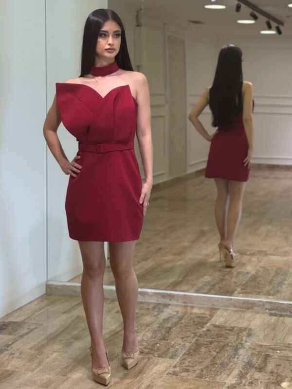 Bordo mini haljina asimetričnog dizajna sa naglašenim strukom i čokerom