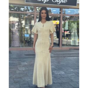 Elegantna Pletena Maksi Haljina sa Cirkonima – Krem