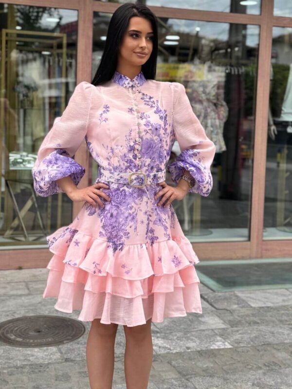 Kratka cvetna haljina sa pojasom i karnerima – Violetta