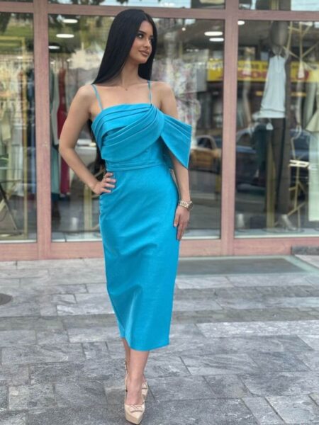 Elegantna Midi Haljina sa Asimetričnim Korsetom – Tirkiz Plava