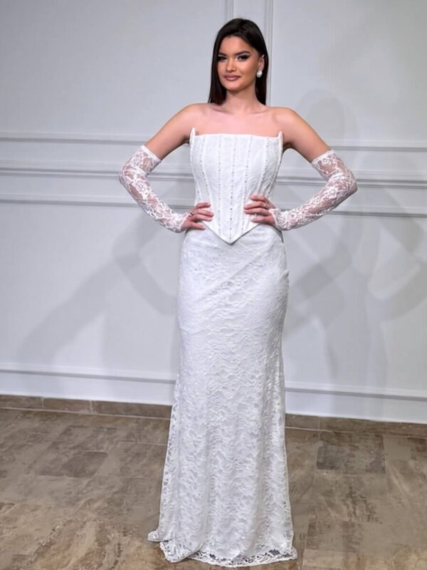 Elegantna Top Haljina sa Korsetom i Čipkanim Rukavicama
