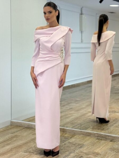 Elegantna strukirana midi haljina sa biserima - Bledo roze