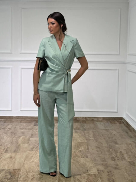 Elegantni mint komplet Elena – Sako kratkih rukava i široke pantalone