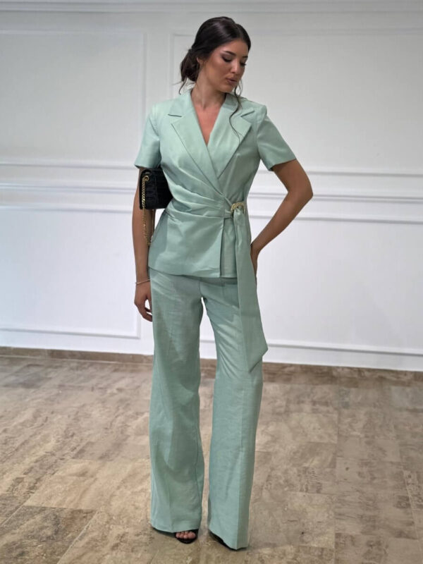 Elegantni mint komplet Elena – Sako kratkih rukava i široke pantalone