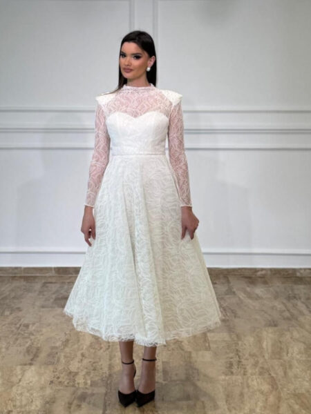 Midi čipkana haljina Lace Romance – A-kroj sa dugim rukavima