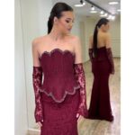Svečana Korset Sirena Haljina sa Čipkom i Rukavicama Bordo