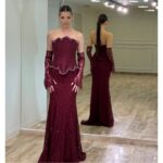 Svečana Korset Sirena Haljina sa Čipkom i Rukavicama Bordo
