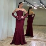 Svečana Korset Sirena Haljina sa Čipkom i Rukavicama Bordo