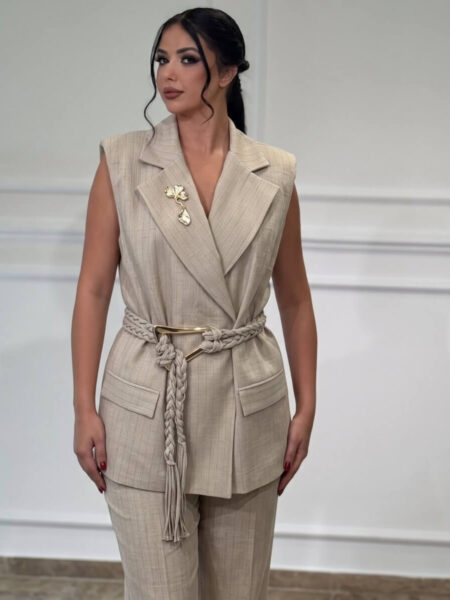 Ženski elegantni komplet – Prsluk na preklop i široke pantalone sa pletenim pojasom