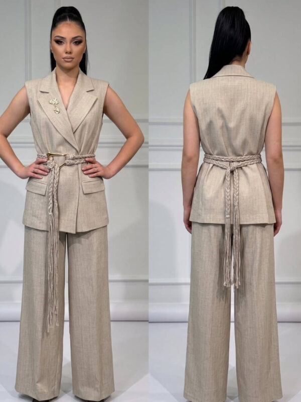Ženski elegantni komplet – Prsluk na preklop i široke pantalone sa pletenim pojasom