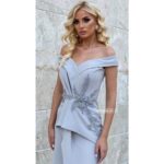 Duga siva bardot haljina sa cvetnim ručnim radom