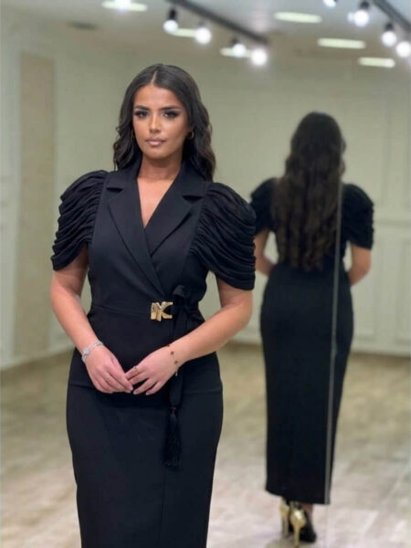 Elegantna midi haljina sa puf rukavima i prorezom