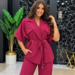 Ženski elegantni safari-šik komplet sa pojasom na vezivanje (sako i pantalone)