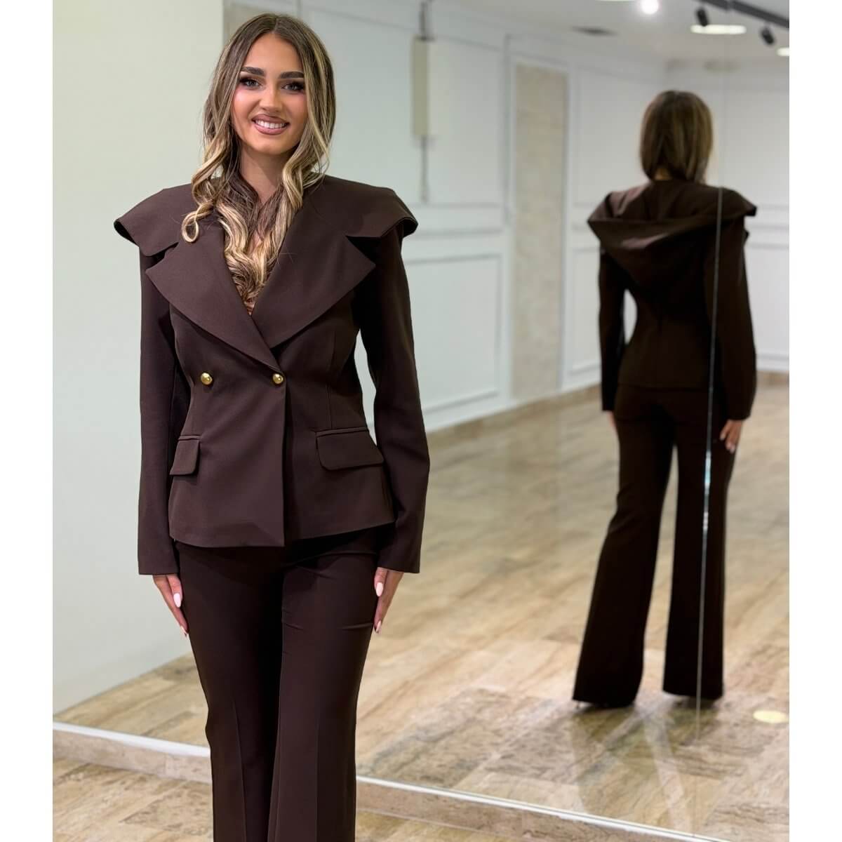 Braon Komplet - sako sa kapom i elegantne zvonaste pantalone