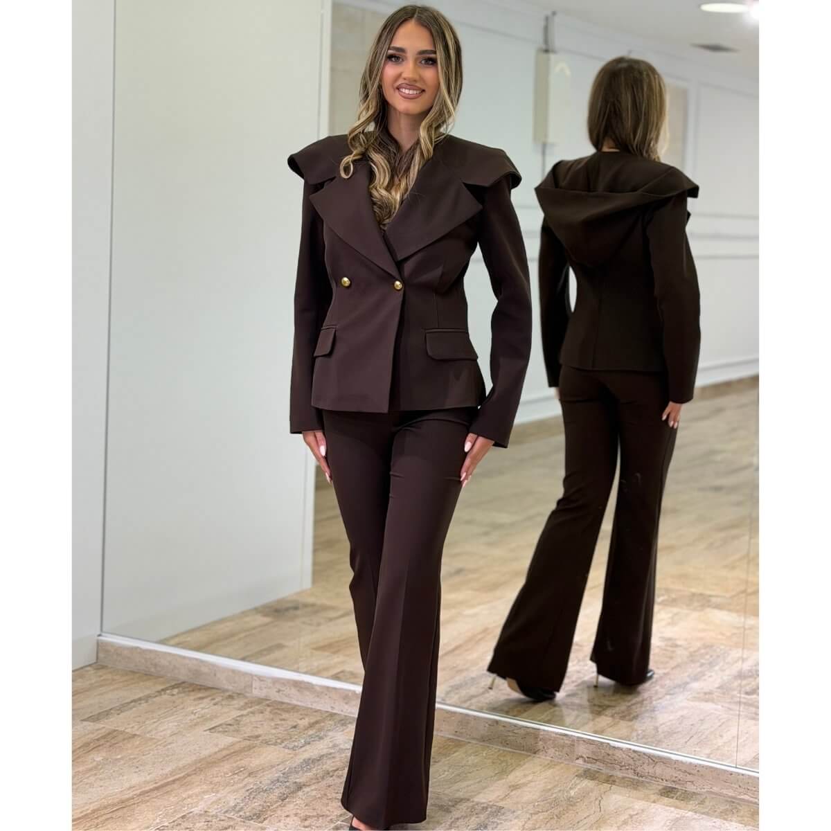 Braon Komplet - sako sa kapom i elegantne zvonaste pantalone