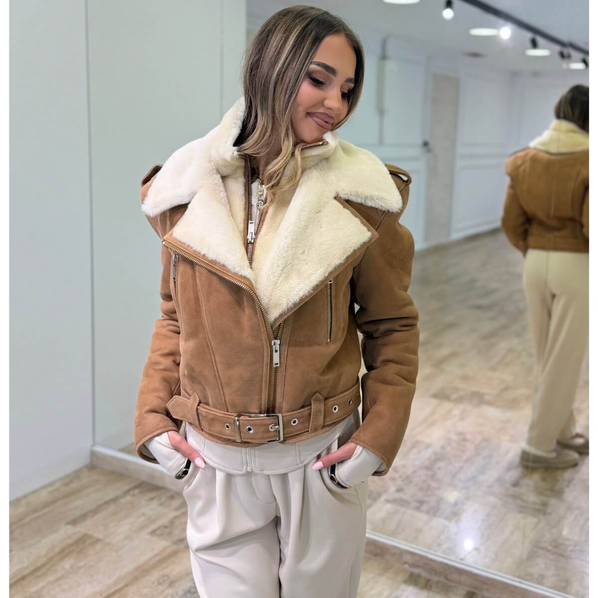 Ženska Pilot Jakna Bella od Prave Kože sa Krznom