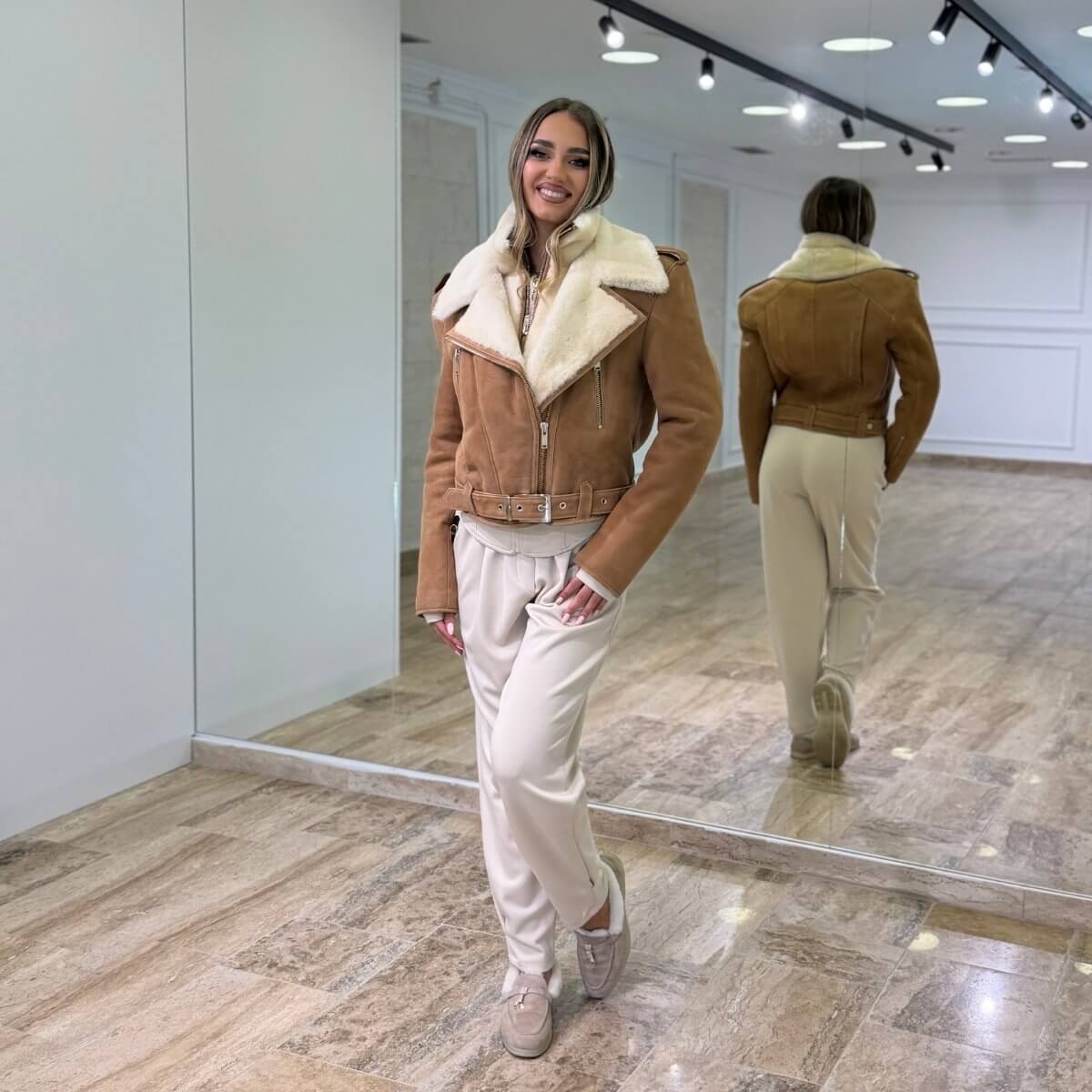 Ženska Pilot Jakna Bella od Prave Kože sa Krznom