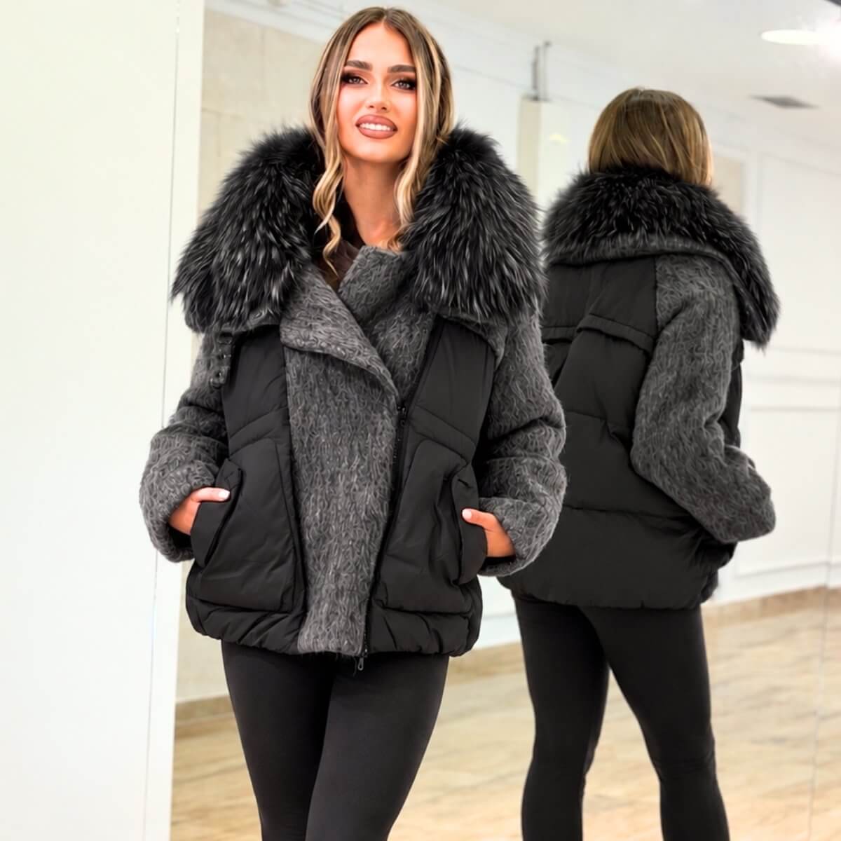 Zimska oversize jakna sa prirodnim krznom na kragni